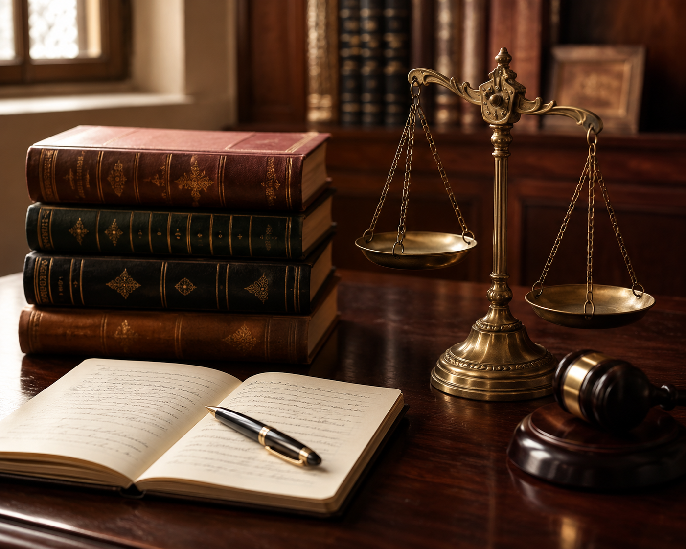 Balance de la justice et Code pénal marocain sur un bureau d'avocat à Casablanca