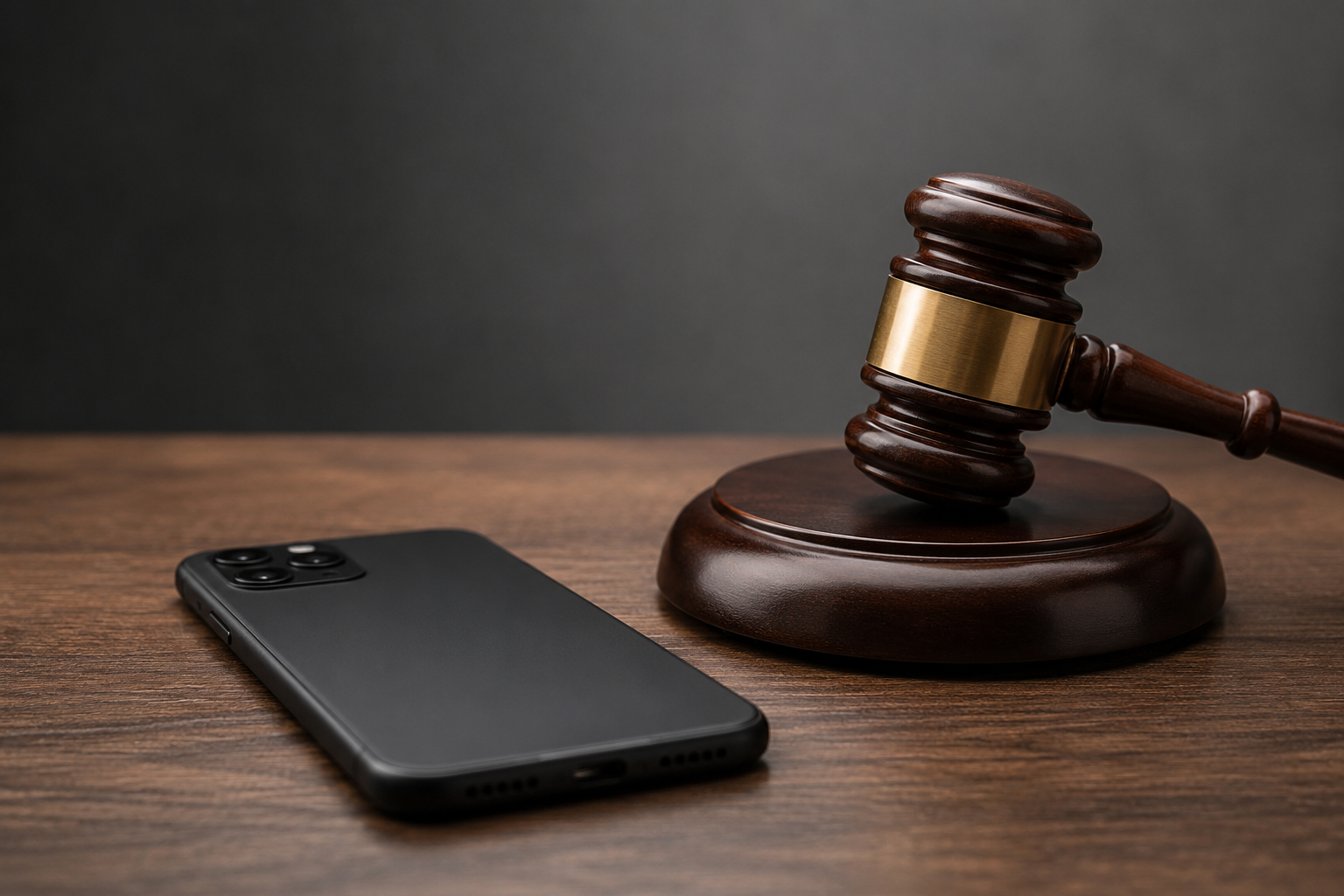 Smartphone retourné sur une table de tribunal symbolisant les risques légaux de la diffusion de contenus intimes au Maroc