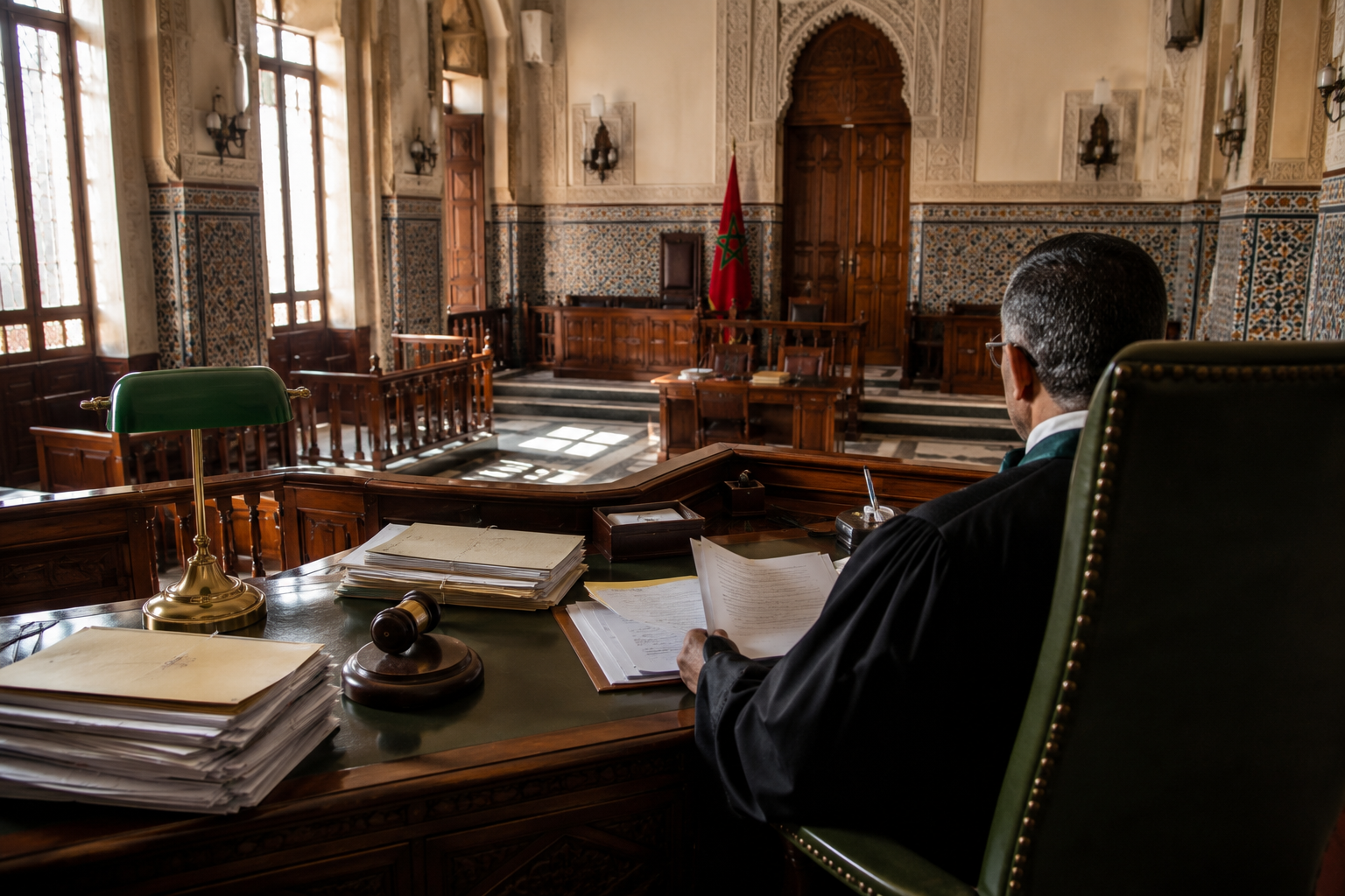 Salle d'audience d'un tribunal marocain avec un juge examinant un dossier de créance