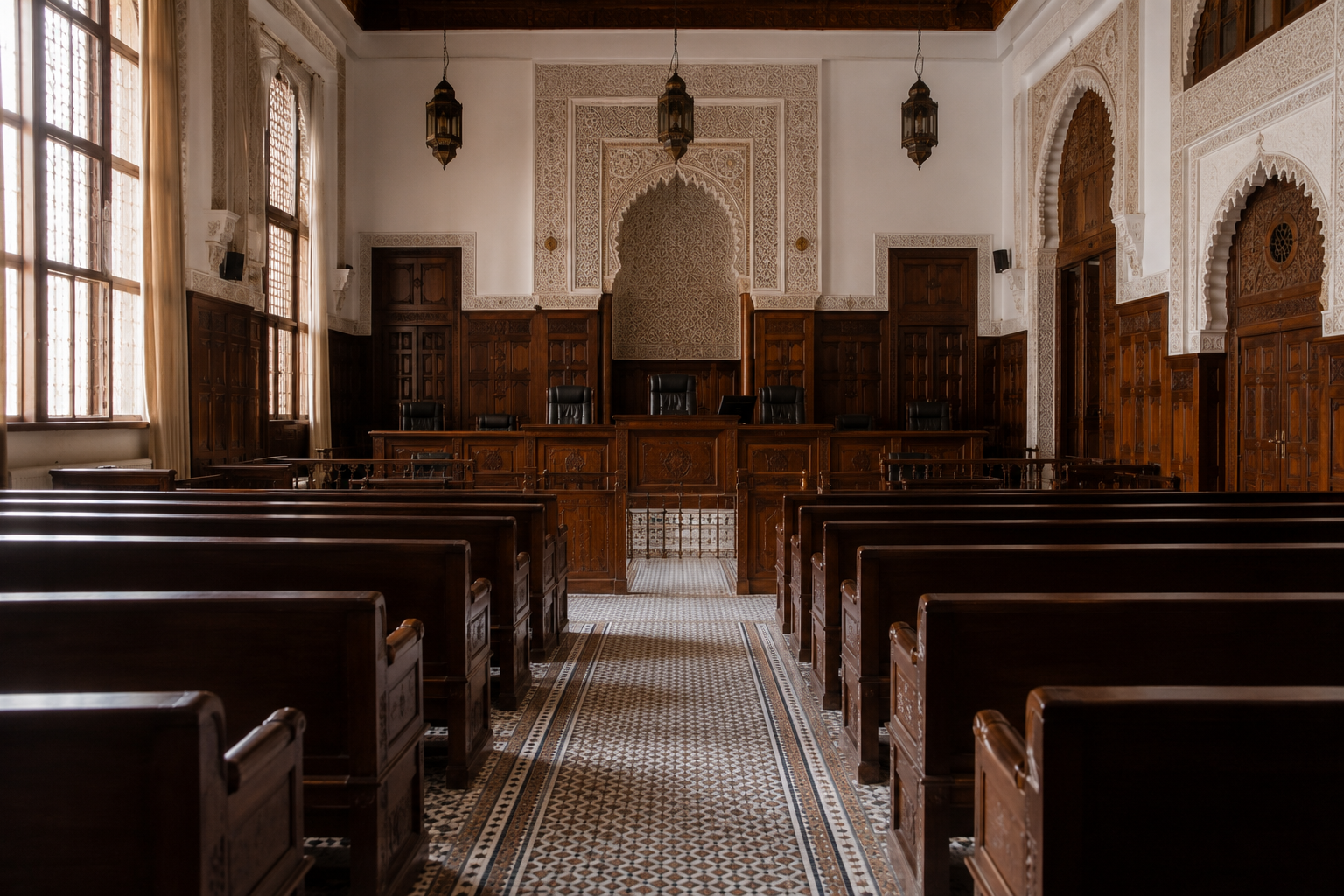 Code de procédure pénale marocain ouvert sur les articles relatifs à la réhabilitation pénale, posé sur le bureau d'un magistrat