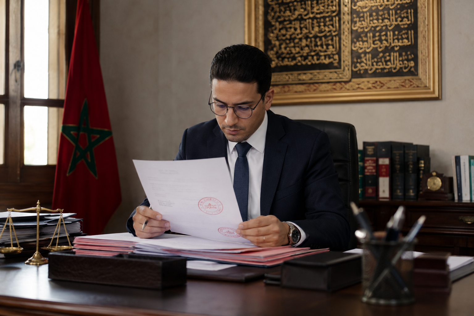 مفوض قضائي مغربي يطّلع على وثائق رسمية في مكتبه